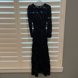 Long black Bebe lace dress w/ floral lace texture